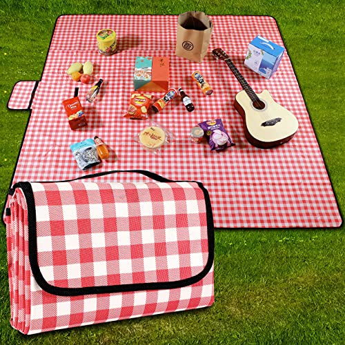 GUSUWU Picnic Blanket Waterproof Beach Blanket 200 x 300 cm Washable Lightweight with Handle Red Check Suitable for Hiking Outdoor Camping Park von GUSUWU