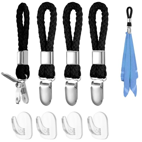 4 Stück Handtuchclips zum Aufhängen, 4 Stück kleine klebrige Haken, Handtuch-Clip-Aufhänger mit Schlaufen, Geschirrtuch-Halter-Clips, Geschirrtuch-Halter-Clips für Häuser, Schränke und Bäder (Schwarz) von GUSXPPD