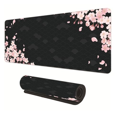Gaming Mauspad XXL 800 x 300 mm, Rutschfeste Schreibtischunterlage für Büro, Schreibtischunterlage Mädchen, Sakura Maus Pad für PC, MacBook, Laptop (Schwarz 80 x 30 cm) von GUSXPPD