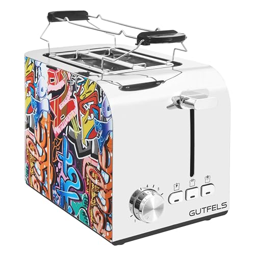Gutfels TOAST 3010 G | Toaster 2 Scheiben mit Brötchenaufsatz | 7 Leistungsstufen | 850 W | Auftau-, Aufwärm-, Stoppfunktion | Toaster Design Graffiti-Style von GUTFELS
