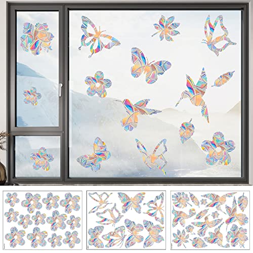 GUUFOO 32PCS Prisma Fensteraufkleber, Fenstersticker Vögel, Vogel Anti Kollisions Fenster Aufkleber, Schmetterlinge Wandtattoo Wandaufkleber, Blume Vogel Fenster Aufkleber (3PCS Window Sticker) von GUUFOO