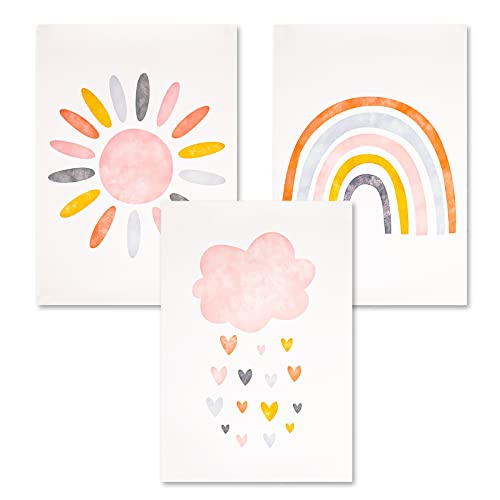 3er Set Bilder Kinderzimmer Poster Babyzimmer Mädchen Deko Bilder für Kinderzimmer Regenbogen Sonne Wolke Bild Rahmenloses Wandbild Wanddeko Bilder Mädchen Jungen, 31*22cm Rahmen nicht Enthalten von GUUFOO