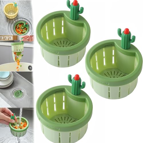 GUUIESMU Cactus Kitchen Sink Drain Strainer, Kaktus Küche Spüle Abflusssieb, Press Automatic Dumping Basket,Abflusssieb Küchenspüle,Multifunktionaler Abflusssieb Für Küche Badezimme (Green,3PCS) von GUUIESMU