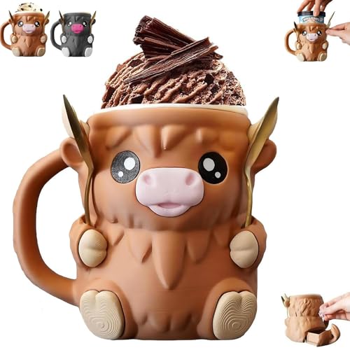 GUUIESMU Highland Cow Ice Pint Holder,Ice Cream Pint Sleeves Cover with Spoon & Handle,Cute Animal Ices Creams Cooler Container Leak Proof Popsicle Cozy Beer Can Cup, Highland Cow Lover Gifts (brown) von GUUIESMU