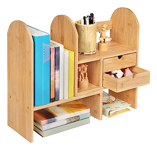 GUUSII HOME Bücherregal Klein Holz Schreibtischregal Verstellbare Tisch Regal Schreibtisch Organizer Ausbaufähig für Bücher Bürobedarf Büro Schreibtischaufsatz Bambus Tischregal Küche (Holzfarbe) von GUUSII HOME