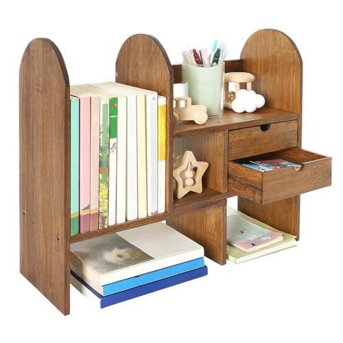 GUUSII HOME Bücherregal Klein Holz Schreibtischregal Verstellbare Tisch Regal Schreibtisch Organizer Ausbaufähig für Bücher Bürobedarf Büro Schreibtischaufsatz Bambus Tischregal Küche (Braun) von GUUSII HOME