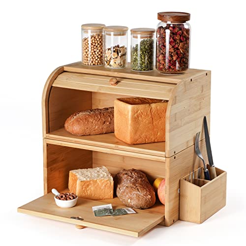 GUUSII HOME Brotkasten Holz Bambus Gross Retro Eco Brotbox Rolldeckel Doppellagig Stapelbar Brot Aufbewahrungsbox Größe 38x25x36cm Brotkästen Matt Natur für Frischhalten und Lecker Brot von GUUSII HOME