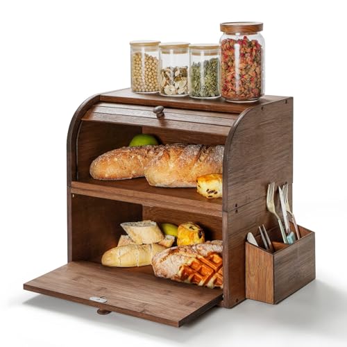 GUUSII HOME Brotkasten Holz Bambus Gross Retro Eco Brotbox Rolldeckel Doppellagig Stapelbar Brot Aufbewahrungsbox Größe 38x25x36cm Brotkästen Matt Natur für Frischhalten und Lecker Brot von GUUSII HOME