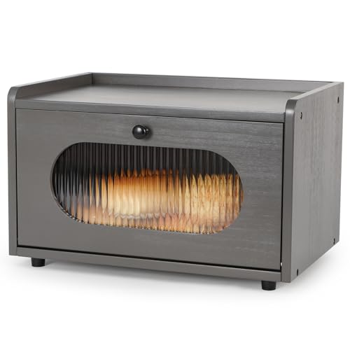 GUUSII HOME Brotkasten Holz Brotbox Küchentheke Brotaufbewahrung Zirbenholz Brot Aufbewahrungsbox Küche Brotbehälter Brot Aufbewahren mit Magnetisch Acryltür Bread Box Bin 36.5x23.5x22cm(Grau) von GUUSII HOME