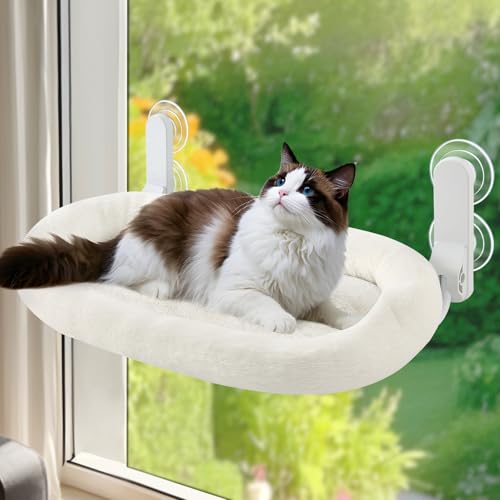GUUSII HOME Katze Fensterliege Klappbares Katzenbett Fensterhängematte Fensterbank Hängematte Katzenliege Fensterbrett Fensterplatz Liegeplatz Katzen mit 4 Saugnäpfen einfach zu montieren (Weiß) von GUUSII HOME