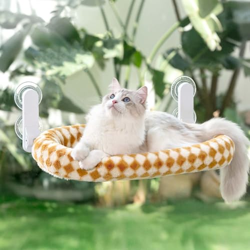 GUUSII HOME Katzen Fensterliege Faltbar Katzenbett Fenster Fensterbank Katze Hängematte mit Wendebezug & Saugnäpfen Fensterbrettauflage Fensterliegeplatz Bis zu 18kg Fensterscheibe (Braun, M) von GUUSII HOME