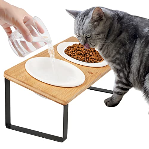GUUSII HOME Futterstation Katzen Erhöht Fressnapf Katze Erhöht Ergonomischer Katzennapf Erhöht Keramik Napf Katzennapf Katzen Futternapf Katze Fressnapf Holz Keramik (Gelb) von GUUSII HOME