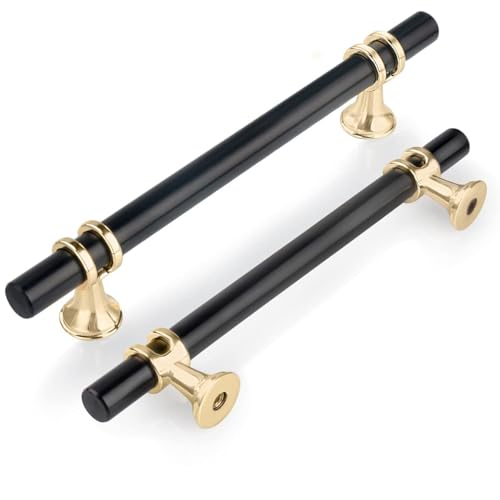 GUWINA Möbelgriffe 128mm Lochabstand, Griffe für Küchenschränke Schwarz Gold, T Türgriffe Schrank Schubladengriffe Küchengriffe Schrankgriffe Kleiderschrank Zinklegierung Inklusive Schrauben 6 Stück von GUWINA