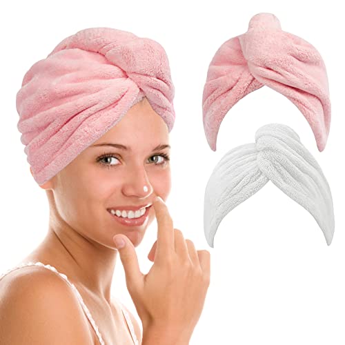 GYGYL 2Pack Microfibre Hair Towel Wrap, Hair Dry Cap, Hair Turban Towel 63 x 25 cm, Soft and Anti Frizz Head Towel, Super Absorbent Quick Drying Curly Hair Towel for Women, Girl (Pink/Cream) von GUYI