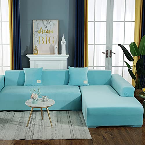 GUYIRT Dicker Plüsch stilvoll Sofabezug, Elastischer Stretch Couchbezug Samt-Staubschutz-Abdeckung für Sofas in L-Form Sofabezug -blau-2-Sitzer (145-185 cm) von GUYIRT
