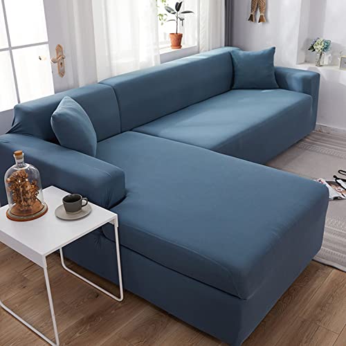 GUYIRT Hohe Dehnung Sofa Überwürfe L Form Weich Langlebig Sofa Schonbezüg Einfarbig Modulare Sofabezug Waschmaschinenfest Möbel Protector Für Kinder & Haustiere -blau-2-Sitzer + 3-Sitzer von GUYIRT