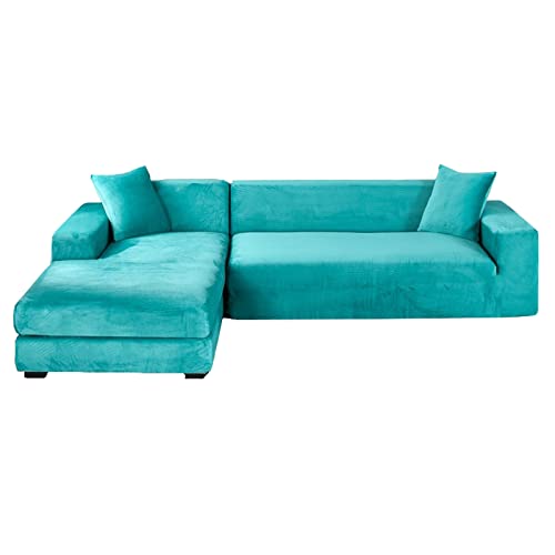 GUYIRT Samt Sofabezug L Form, 2-teiliger Stretch L Form Sofa überzug rutschfest Couchbezug L Form Weicher Möbelschutz Für Ecksofa -Himmelblau-4+3 Sitzer von GUYIRT