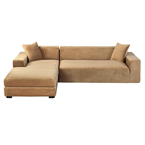 GUYIRT Samt Sofabezug L Form, 2-teiliger Stretch L Form Sofa überzug rutschfest Couchbezug L Form Weicher Möbelschutz Für Ecksofa -Khaki-3+2 Sitzer von GUYIRT