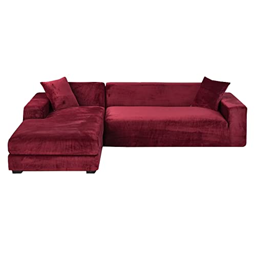 GUYIRT Samt Sofabezug L Form, 2-teiliger Stretch L Form Sofa überzug rutschfest Couchbezug L Form Weicher Möbelschutz Für Ecksofa -Weinrot-3+2 Sitzer von GUYIRT