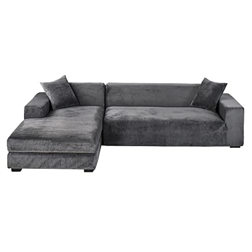 GUYIRT Samt Sofabezug L Form, 2-teiliger Stretch L Form Sofa überzug rutschfest Couchbezug L Form Weicher Möbelschutz Für Ecksofa -dunkelgrau-3+2 Sitzer von GUYIRT