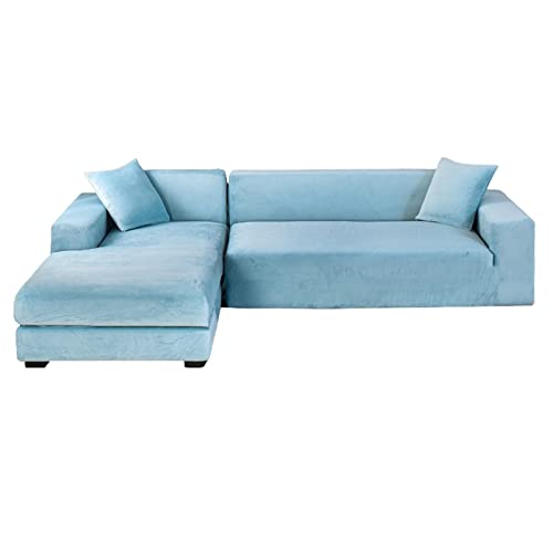 GUYIRT Samt Sofabezug L Form, 2-teiliger Stretch L Form Sofa überzug rutschfest Couchbezug L Form Weicher Möbelschutz Für Ecksofa -hellblau-3+3 Sitzer von GUYIRT