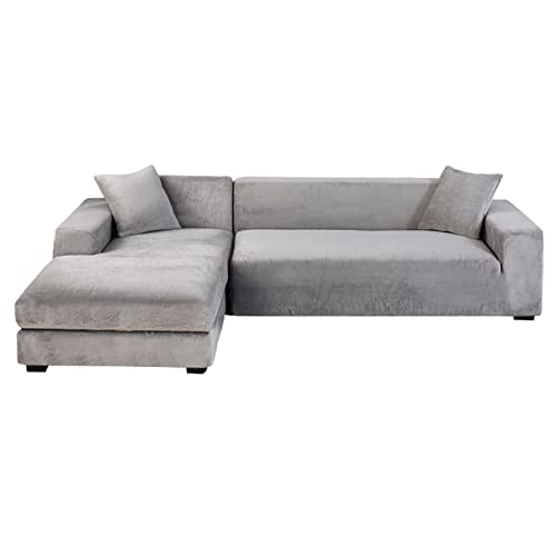 GUYIRT Samt Sofabezug L Form, 2-teiliger Stretch L Form Sofa überzug rutschfest Couchbezug L Form Weicher Möbelschutz Für Ecksofa -hellgrau-3+2 Sitzer von GUYIRT
