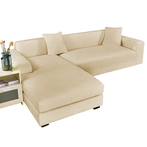 GUYIRT Strecken Sofabezug L Form Samt, L Form Sofa überzug 2 Stück Couchbezug L Form Weicher Möbelschutz Mit Elastischem Boden Für Hunde Und Katzen -Beige-3+2 Sitzer von GUYIRT