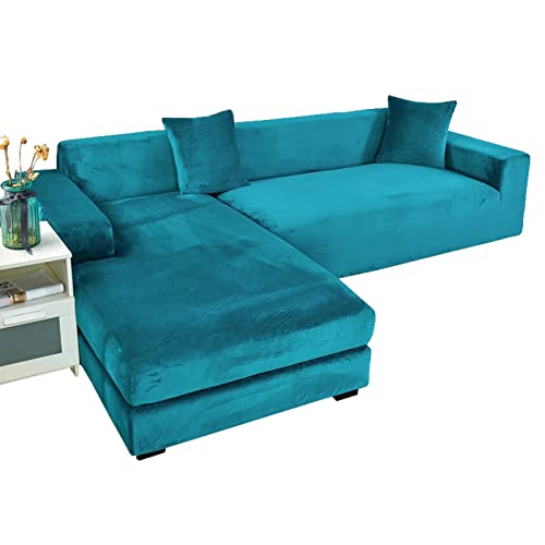 GUYIRT Strecken Sofabezug L Form Samt, L Form Sofa überzug 2 Stück Couchbezug L Form Weicher Möbelschutz Mit Elastischem Boden Für Hunde Und Katzen -Blau-4+4 Sitzer von GUYIRT
