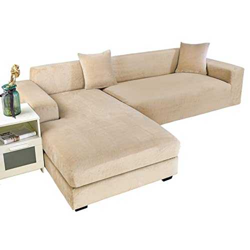 GUYIRT Strecken Sofabezug L Form Samt, L Form Sofa überzug 2 Stück Couchbezug L Form Weicher Möbelschutz Mit Elastischem Boden Für Hunde Und Katzen -Kamel-4+3 Sitzer von GUYIRT