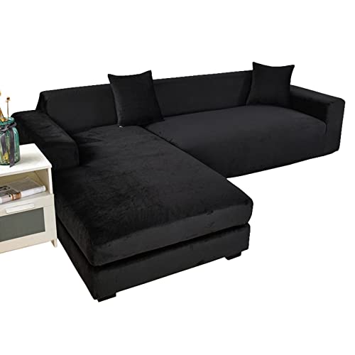 GUYIRT Strecken Sofabezug L Form Samt, L Form Sofa überzug 2 Stück Couchbezug L Form Weicher Möbelschutz Mit Elastischem Boden Für Hunde Und Katzen -Schwarz-3+2 Sitzer von GUYIRT