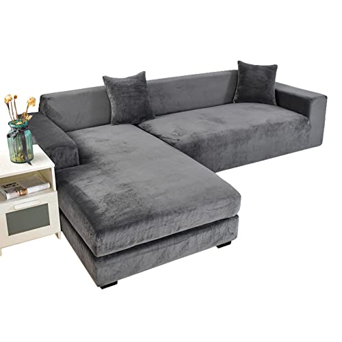 GUYIRT Strecken Sofabezug L Form Samt, L Form Sofa überzug 2 Stück Couchbezug L Form Weicher Möbelschutz Mit Elastischem Boden Für Hunde Und Katzen -dunkelgrau-3+3 Sitzer von GUYIRT