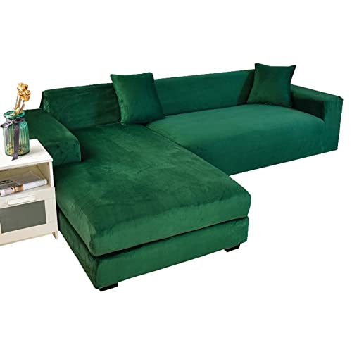 GUYIRT Strecken Sofabezug L Form Samt, L Form Sofa überzug 2 Stück Couchbezug L Form Weicher Möbelschutz Mit Elastischem Boden Für Hunde Und Katzen -dunkelgrün-3+3 Sitzer von GUYIRT