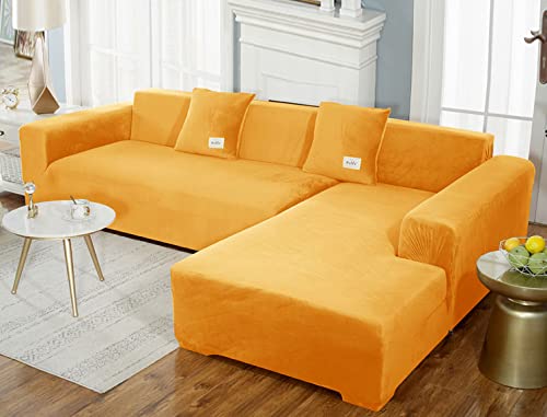 GUYIRT Superstretch Sofabezug L Form Samtplüsch Couchbezug Modulare Sofabezug Sofa Überwürfe Mit Elastischem Boden Möbel Protector Für Wohnzimmer -Gold-3-Sitzer (190-230 cm) von GUYIRT