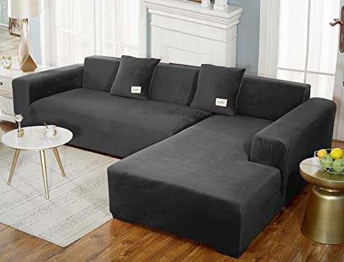 GUYIRT Superstretch Sofabezug L Form Samtplüsch Couchbezug Modulare Sofabezug Sofa Überwürfe Mit Elastischem Boden Möbel Protector Für Wohnzimmer -Schwarz-3-Sitzer + 4-Sitzer von GUYIRT