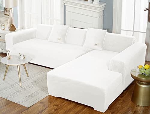 GUYIRT Superstretch Sofabezug L Form Samtplüsch Couchbezug Modulare Sofabezug Sofa Überwürfe Mit Elastischem Boden Möbel Protector Für Wohnzimmer -Weiß-3-Sitzer (190-230 cm) von GUYIRT