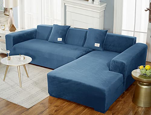 GUYIRT Superstretch Sofabezug L Form Samtplüsch Couchbezug Modulare Sofabezug Sofa Überwürfe Mit Elastischem Boden Möbel Protector Für Wohnzimmer -blau-1-3-Sitzer + 4-Sitzer von GUYIRT