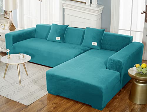 GUYIRT Superstretch Sofabezug L Form Samtplüsch Couchbezug Modulare Sofabezug Sofa Überwürfe Mit Elastischem Boden Möbel Protector Für Wohnzimmer -blau-2-2-Sitzer (145-185 cm) von GUYIRT