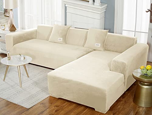 GUYIRT Superstretch Sofabezug L Form Samtplüsch Couchbezug Modulare Sofabezug Sofa Überwürfe Mit Elastischem Boden Möbel Protector Für Wohnzimmer -gelb-3-Sitzer + 4-Sitzer von GUYIRT