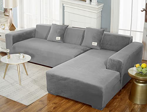 GUYIRT Superstretch Sofabezug L Form Samtplüsch Couchbezug Modulare Sofabezug Sofa Überwürfe Mit Elastischem Boden Möbel Protector Für Wohnzimmer -grau-2-Sitzer + 3-Sitzer von GUYIRT