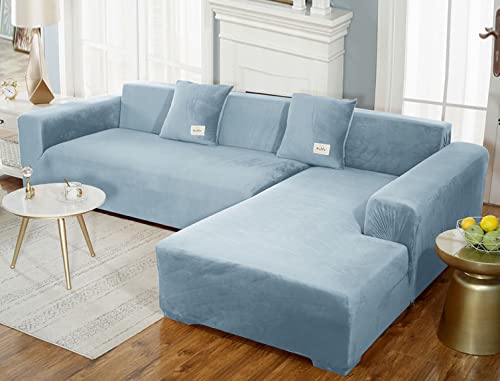 GUYIRT Superstretch Sofabezug L Form Samtplüsch Couchbezug Modulare Sofabezug Sofa Überwürfe Mit Elastischem Boden Möbel Protector Für Wohnzimmer -hellblau-3-Sitzer + 4-Sitzer von GUYIRT