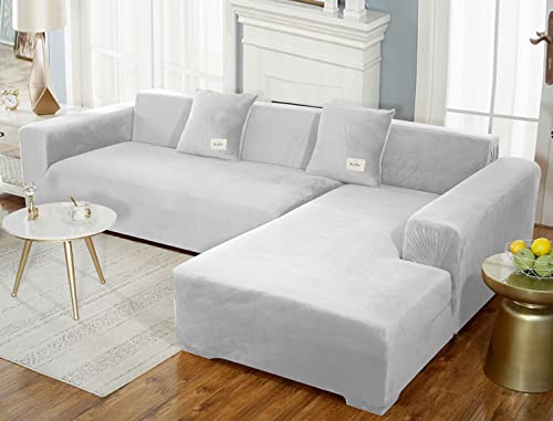 GUYIRT Superstretch Sofabezug L Form Samtplüsch Couchbezug Modulare Sofabezug Sofa Überwürfe Mit Elastischem Boden Möbel Protector Für Wohnzimmer -hellgrau-3-Sitzer + 3-Sitzer von GUYIRT