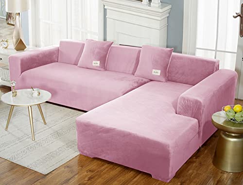 GUYIRT Superstretch Sofabezug L Form Samtplüsch Couchbezug Modulare Sofabezug Sofa Überwürfe Mit Elastischem Boden Möbel Protector Für Wohnzimmer -rosa-2-Sitzer (145-185 cm) von GUYIRT