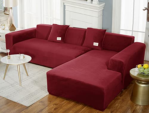 GUYIRT Superstretch Sofabezug L Form Samtplüsch Couchbezug Modulare Sofabezug Sofa Überwürfe Mit Elastischem Boden Möbel Protector Für Wohnzimmer -rot-3-Sitzer (190-230 cm) von GUYIRT