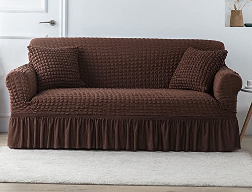 Hohe Dehnung Couchbezug Stilvoll Langlebig Sofa Überwürfe Sofabezug Moderner Stil Möbel Protector Mit Elastischem Boden Und Rock -Kaffee-2-3-Sitzer (190-230 cm) von GUYIRT