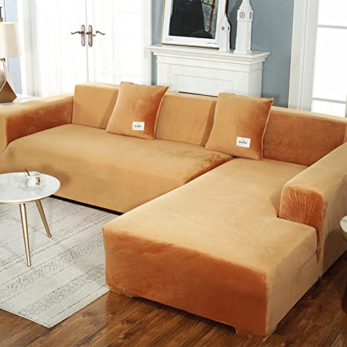 Luxus Samt Sofahusse, Dick und Waschbar Plüsch Sofaüberwurf Schonbezug Möbelschutz Weiche mit Rutschfester Elastischer Unterseite für 4-Kissen-Couch-Orange-3-Sitzer 190-230cm von GUYIRT