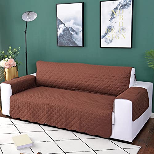 Reversibel Sofahusse Gesteppt Möbel Protector mit elastischen Trägern einfarbig Universal Sofabezug für Haustierkind -Kaffee-130 x 195 cm von GUYIRT
