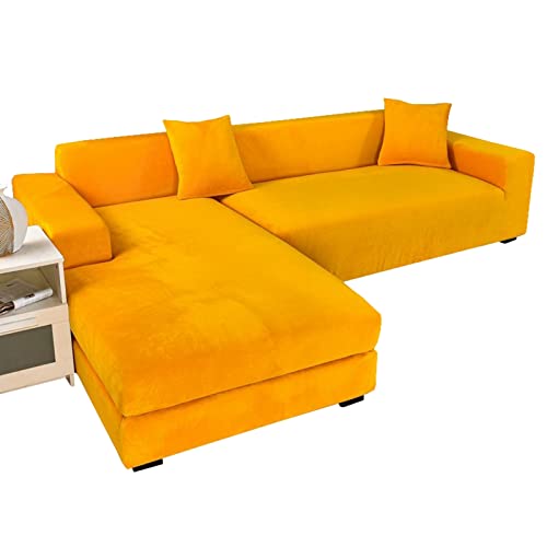 Strecken Sofabezug L Form Samt, L Form Sofa überzug 2 Stück Couchbezug L Form Weicher Möbelschutz Mit Elastischem Boden Für Hunde Und Katzen -Gold-4+4 Sitzer von GUYIRT