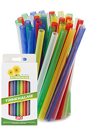 Mehrweg Trinkhalme Bunt aus Kunststoff, 20 Stück, 20 cm, robust, wiederverwendbar & spülmaschinengeeignet, made in GERMANY, für Kinder geeignet, in Recyclingverpackung (Bunt, 20) von GV Trinkhalme