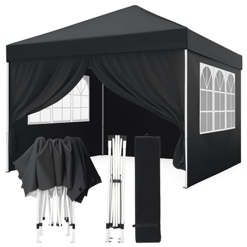 GVDV Pavillon 3x3m Faltpavillon Wasserdicht Winterfest mit 3 Seitenwänden – Höhenverstellbar Pop Up Zelt mit UV 50+ Schutz & Tragetasche – Stabiler Pavillon für Garten, Festival, Camping, Schwarz von GVDV