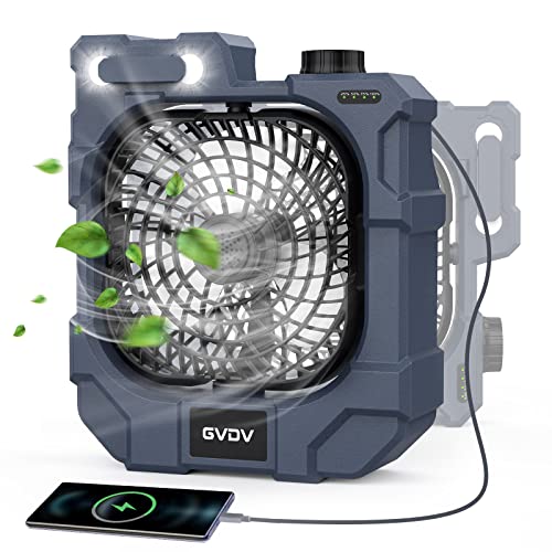 GVDV Ventilator Klein Leise mit LED-Licht, 10400mAh Akku Standventilator Batteriebetrieben, Tragbarer Ventilator Tisch für Outdoor Camping Zelt Schlafzimmer Büro, 270° Ventilator Oszillierend von GVDV